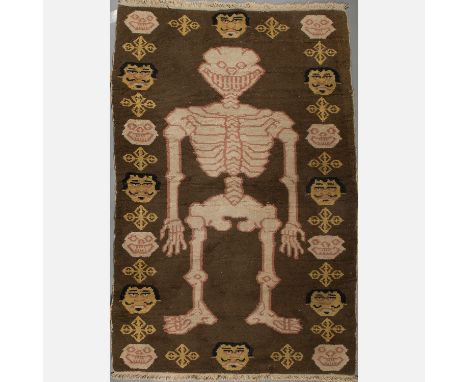 Tibet Skeleton Carpet, waved textile, rectangular shape, with skeleton, skulls an decorations on light brown ground, side fri