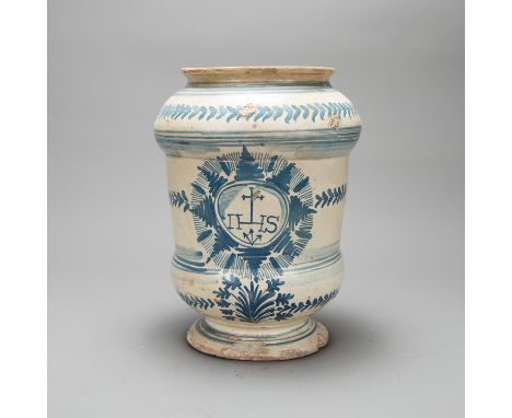 Italian Apothecary Ceramic, curved shape, with round base and border, blue painted on white ground, glazed, 17th/18 th centur