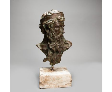 Bronze Bust, of a bearded king, cast with original patina, on iron peak on white marble base, 38 cm high