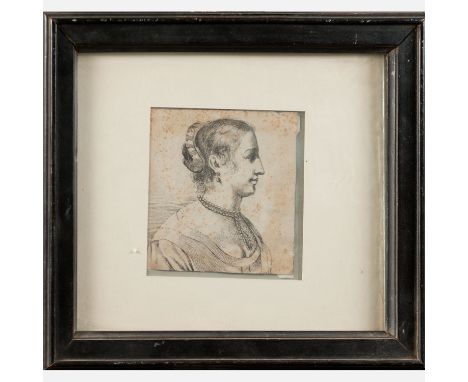 Giovanni Francesco Barbieri (1591-1666) - attributed , portrait of a lady, black ink on paper, framed under glass 13,5 x 13,5