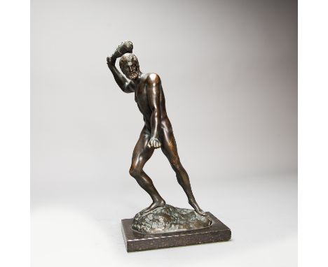 Hercules with the Club, in standing position on naturalistic base, bronze cast with original patina, on black marble plinth, 