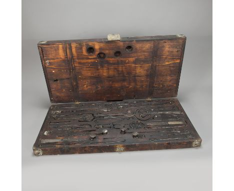 Chinese Medical Surgeon Tool, 83 iron instruments for operations, partly engraved with luck symbols and flowers, in original 