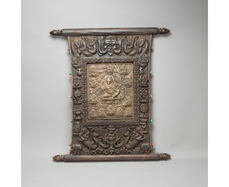 Tibetan Sanctuary Plate, in Thangka style, wood carved, in the center with bronze plate, with goddess, on the sides coloured 