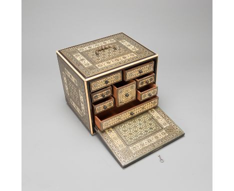 Indo-Goanese Casket, quadratic shape with fall front, inside eight drawers, with bronze mounts, rich geometrical intarsias in