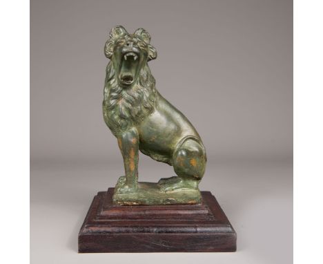 Bronze Lion 16th/17th Century, with open mouth, in sitting position, on later wooden base; original greenish patina; North It