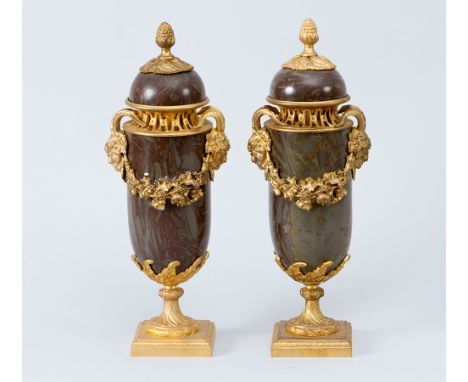 Pair of French Vases, each with one lid, red and grey marble with incrustations, decorated with gilded bronze mounts, 19th ce