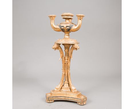 Vienna Classicictic Candelabra, on tripod foot, with three branches, upper finial missing, wood carved with original gilding,