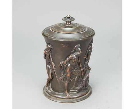 Classicistic Urn Vase, with lid, decorated with classical historical figures and gods in half relief, bronze cast with brown 