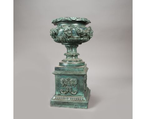 Classical Urn Vase, decorated with garlands and flowers, on quadratic base, bronze cast with dark patina and verdis gris, 19t