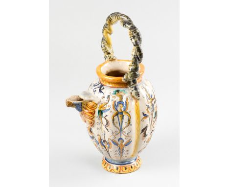 Italian Ceramic Can, in oval fluted shape with spout and handgrip in form of snails, painted with ornaments on cream brown gr