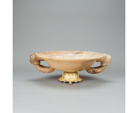 Classicistic Alabaster Bowl, round curved shape, with two side grips, in form of lions, with laurel leaves in open work, ligh