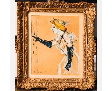French Artist 20th Century, portrait of a lady, different techniques on paper on board, signed unreadable, framed under glass