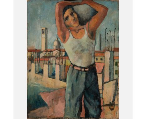 Primo Conti (1900-1988), portrait of a worker in front of a town, signed bottom left, 90 x 70 cm