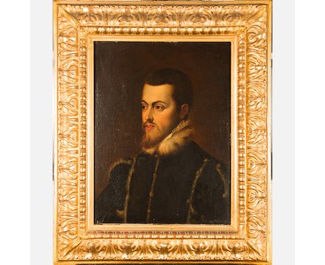 Orazio Vecellio (1525-1576) – school., portrait Philippe the II. of Spain (1527-1598), in black coat with fur in front of bro
