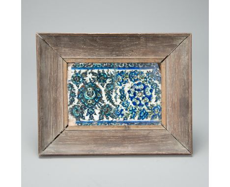 Persian Tile, ceramic, with blue and grey painted flowers, glazed, in later wooden frame, Persia, 16th/17th century, 11,5 x 1