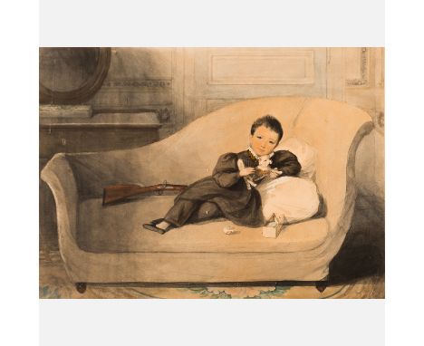 French Artist, young boy with dog and gun on a sofa, watercolour on paper, framed under glass, on the reverse described in Fr
