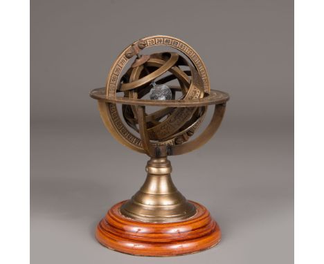 Miniature Armilarosphere, with signs of the zodiacs and several grade positions, signed G. Gobille Paris, bronze on wooden ba