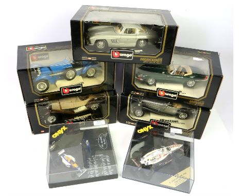 Nine Burago 1:18 scale model cars, to include Ferrari 250 GTO (1962), Bugatti Type 59 (1934) x2, Mercedes Benz 500K Roadster 