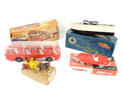 Lang Craft Electric powerboat, Mettoy motor coach, Scalecraft Jaguar E Type, and a Charbens Horse & Grass Cutter, (4), all bo