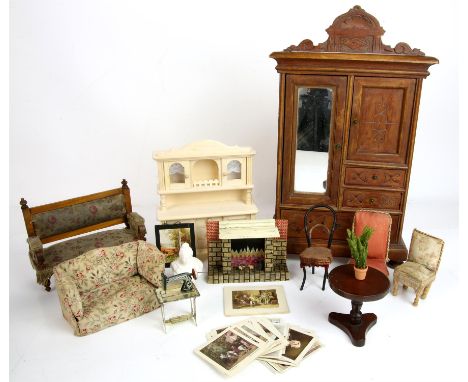 19th century and later dolls and dolls house furniture and fittings, to include a Bodd Hennik dresser, sofa and matching armc