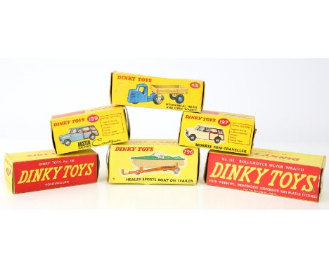 Six boxed Dinky toys, comprising 796 Healey Sports boat on trailer, 181 Volkswagen, 150 Rolls-Royce Silver Wraith, 197 Morris