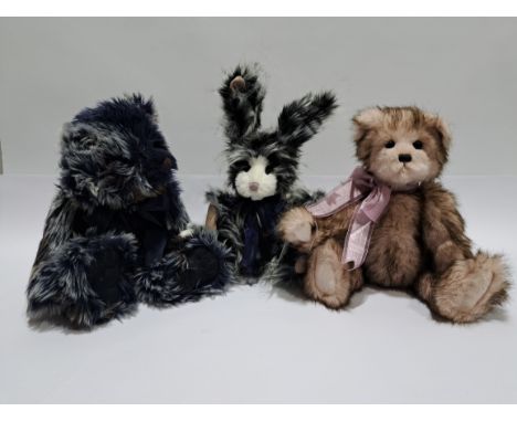 Charlie Bears collection of three plush teddy bears, including: (1) Charlie Bears Quicksticks bunny rabbit, CB 150002O, 2015,