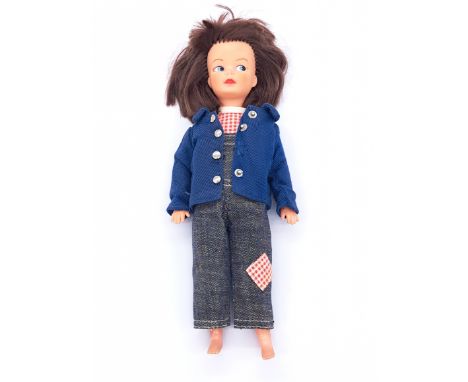 Pedigree Sindy Patch doll, 1966, brunette, wearing Dungarees, hair has been cut to front, over all Good.