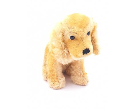 Steiff Revue Susi spaniel vintage dog, EAN 3328, with button, golden mohair, black and white glass eyes, black vertically sti