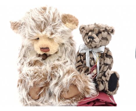 Charlie Bears pair including: (1) Donnie teddy bear, CB 614893, brown with cream tip and beige long pile plush, with swing la