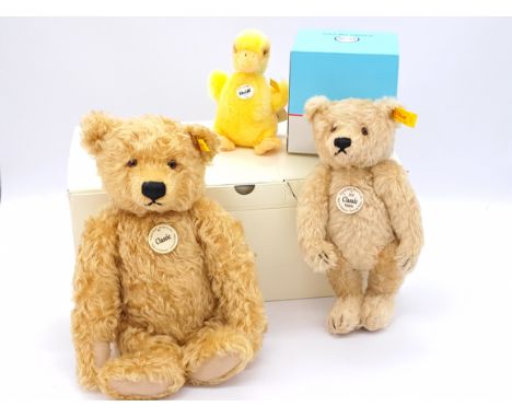 Steiff trio including: (1) Classic teddy bear, yellow tag 028748, blonde mohair, chest tag, 13"/33cm, within Fair generic Ste