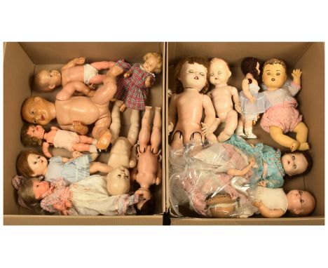 Collection of celluloid and hard plastic vintage dolls, includes: Peticollin (France) celluloid baby doll, inset blue glass e