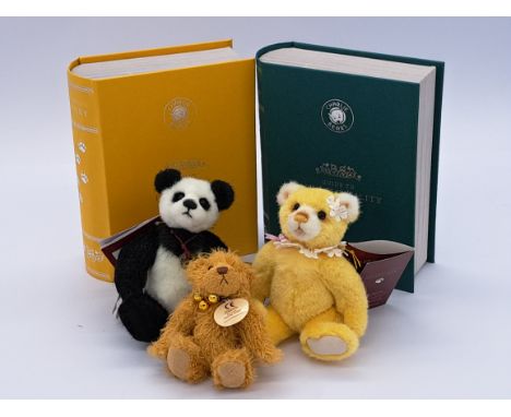 Trio of Charlie Bears: (1) Charlie Bears Guide to Snuggleability plush hug book collection miniature panda bear, CB191971F, d