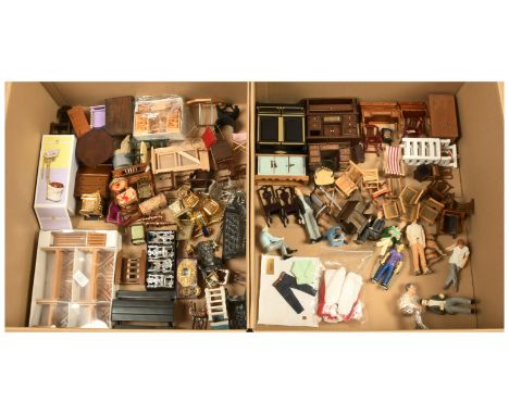Collection of modern issue doll's house furniture and dolls, etc, includes: Doll's House Emporium figures; assorted wooden fu