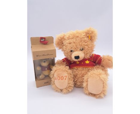 Steiff pair: (1) Steiff Winnie the Pooh ornament, white tag 680113, 2001, LE, blonde mohair, certificate, Good to Good Plus, 