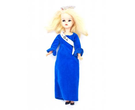 Pedigree Sindy side part vintage doll, blonde (hair distressed), wearing 1968 Miss Sindy (with REPLACEMENT SASH and some repa