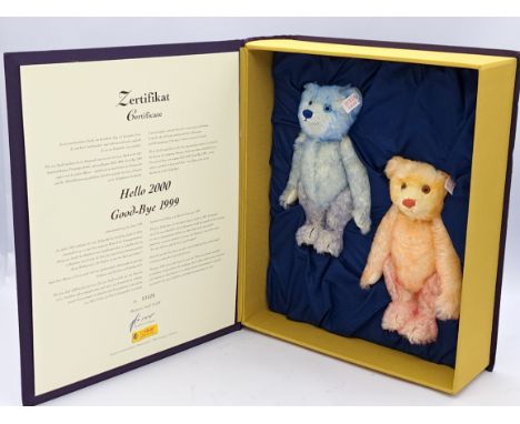 Steiff Hello 2000 Goodbye 1999 Teddy Bear set, white tag 670367, limited to year, comprising blue and pink tipped teddy bears