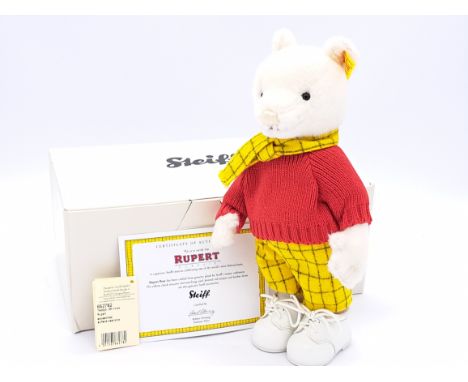 Steiff Danbury Mint Rupert the Bear, yellow tag 662782, white plush bear, swing label, certificate, Excellent Plus, in Fair P