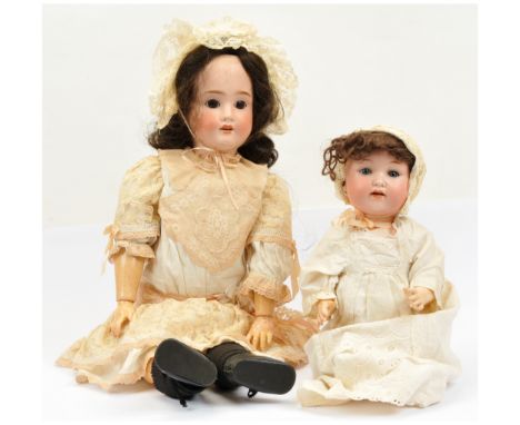 German bisque antique dolls pair: (1) Schoenau &amp; Hoffmeister bisque doll, German, c 1906, impressed S*PBH 1906 10, weight