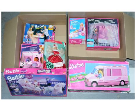 Barbie sets assortment, including Happy Holidays 1994 Barbie, Barbie Crystal horse and carriage, Barbie Magic Van, and others