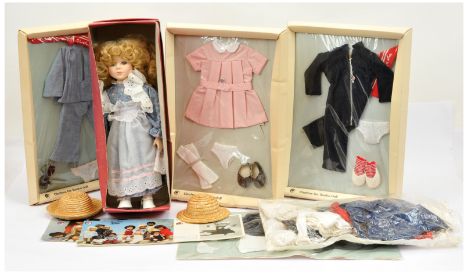 Trendon Sasha doll clothing including: (1) Jump Suit, # 807, Good box; (2) Pink Dress, # 202, Fair box; (3) Blue Suit, # 805,