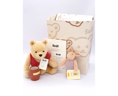 Steiff pair including: (1) Danbury Mint Winnie the Pooh, white tag 664588, LE 5000, blonde mohair, ceramic hunny pot, swing l