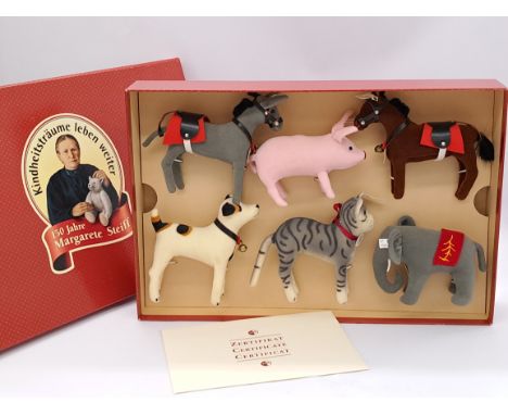 Steiff Jubilee Assortment 1997, white tag 400285, celebrating the 100th Birthday of Margarete Steiff comprising horse, dog, d
