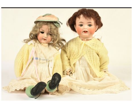 German antique dolls pair: (1) Ernst Heubach bisque doll, German, c.1926, impressed 342 11, weighted blue eyes, open mouth (m