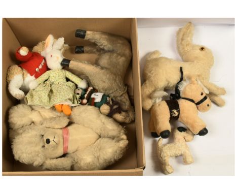 Collection of vintage animals, includes: Merrythought white mohair rabbit, white embroidered label to stomach; artificial sil