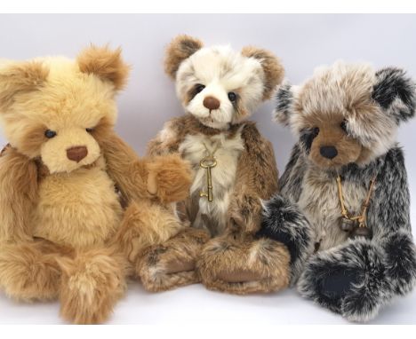 Charlie Bears trio: (1) Higgins, CB614842, beige, black tipped with white long pile plush, with swing labels, Excellent Plus,