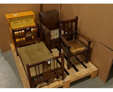 Group of vintage dolls furniture including: playable mini piano with stool, wooden foldable bed, wooded chair (seat will need