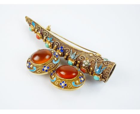 A pair of Chinese silver gilt filigree, enamel and cabochon amber coloured stone clip earrings, together with a coral and ena