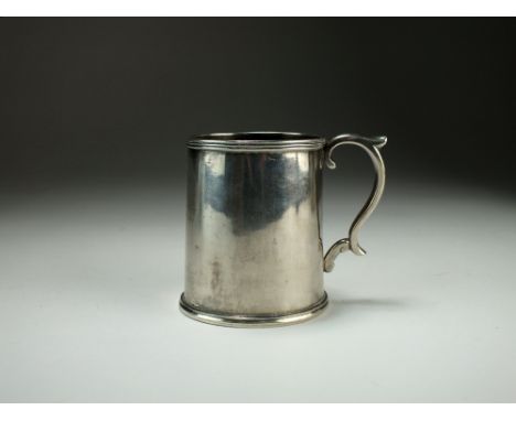 A Chinese export silver mug, stamped GIENWO, late 19th Century, of tapering form with scroll handle, inscribed 'To Harrysan f