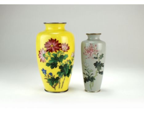 Two Japanese cloisonne vases, Taisho era, the first of ovoid form and worked with flowering chrysanthemums on a bright yellow