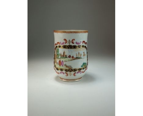 A Chinese famille rose mug, 18th century, of bell form with ribbed strap handle, painted in colours with a pseudo European co